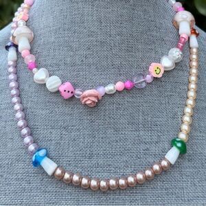 Two (2) Urban Outfitters OU Layering Pink Mushroom Flower Heart Necklaces NWT